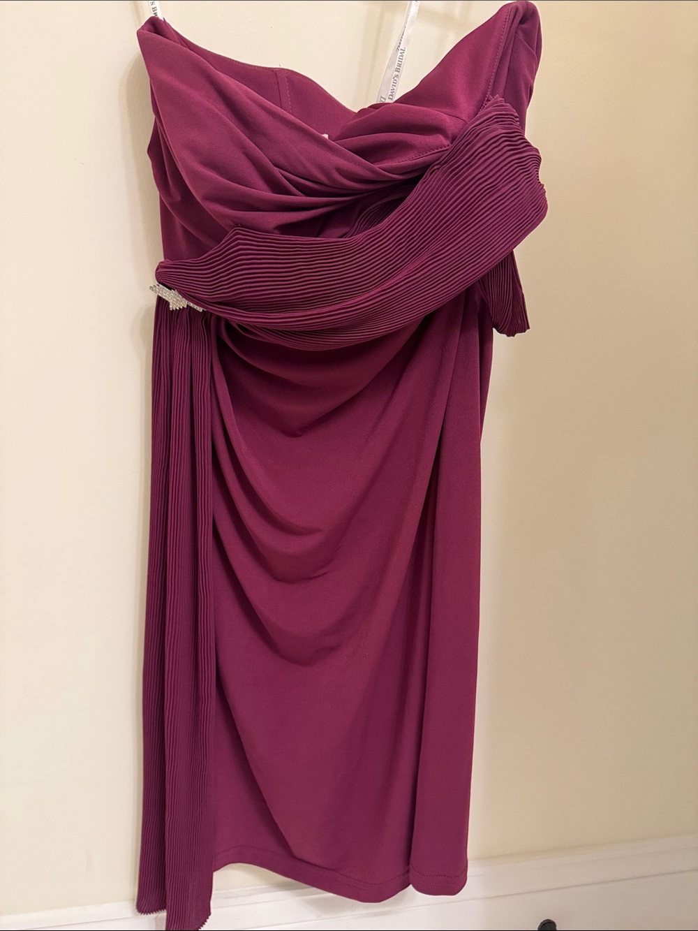 David's Bridal Strapless Magenta Evening Gown with Pleated Sash mini dress sz 8